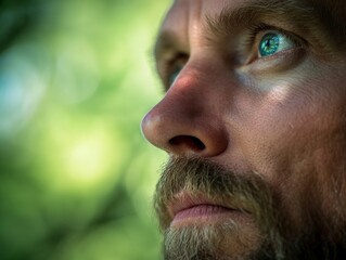 A close-up profile of a man gazing thoughtfully into the distance, evoking contemplation and introspection, set against a vibrant, blurred green background.
