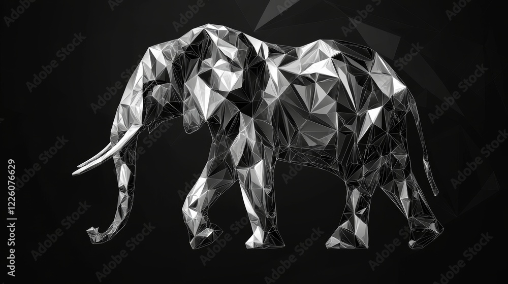 Poster a uniquely designed geometric elephant composed of triangular shards against a dark backdrop, mergin