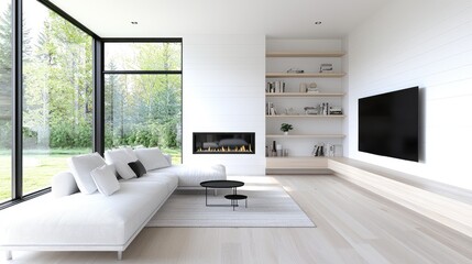 Modern living room with fireplace, large windows overlooking garden