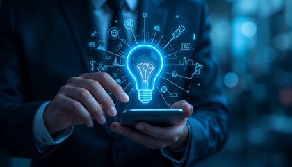 Businessman holding phone with glowing idea lightbulb graphic