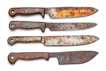 Kitchen knives with diverse designs and purposes are neatly arranged on a pristine white backdrop for culinary enthusiasts