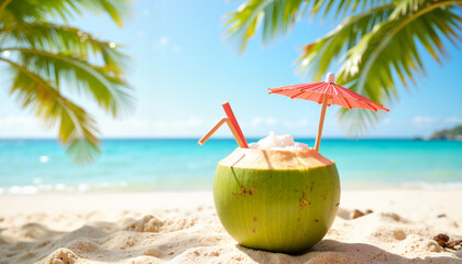 Tropical coconut drink with an umbrella and straw on a sandy beach under palm trees
