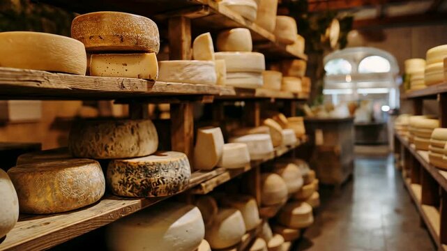 Various aged cheeses on wooden shelves in a cheese aging room. Artisanal cheese production, dairy industry, and gastronomy concept. Design for food blogs, culinary articles, and gourmet backgrounds.