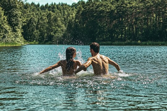 Young caucasian couple enjoying a refreshing swim in a scenic forest lake