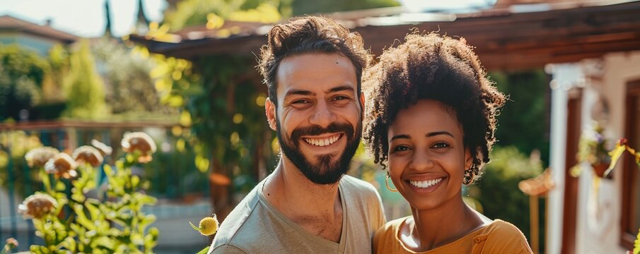 Young diverse couple smiling in their sunny garden
