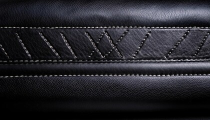 Stunning Closeup of Detailed Black Leather Texture with Elegant Stitching Design, Showcasing Glossy Finish and Intricate Craftsmanship, Perfect for Luxury Product Promotion