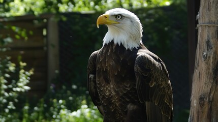 Majestic bald eagle standing in sunlit forest