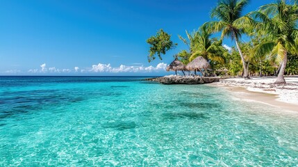 Fototapeta premium Tropical beach paradise with clear turquoise water, palm trees, and thatched huts. Ideal for travel brochures