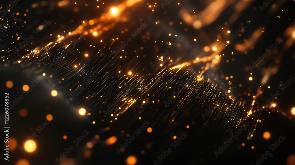 Poster abstract golden light particle stream flowing on dark background concept rendering