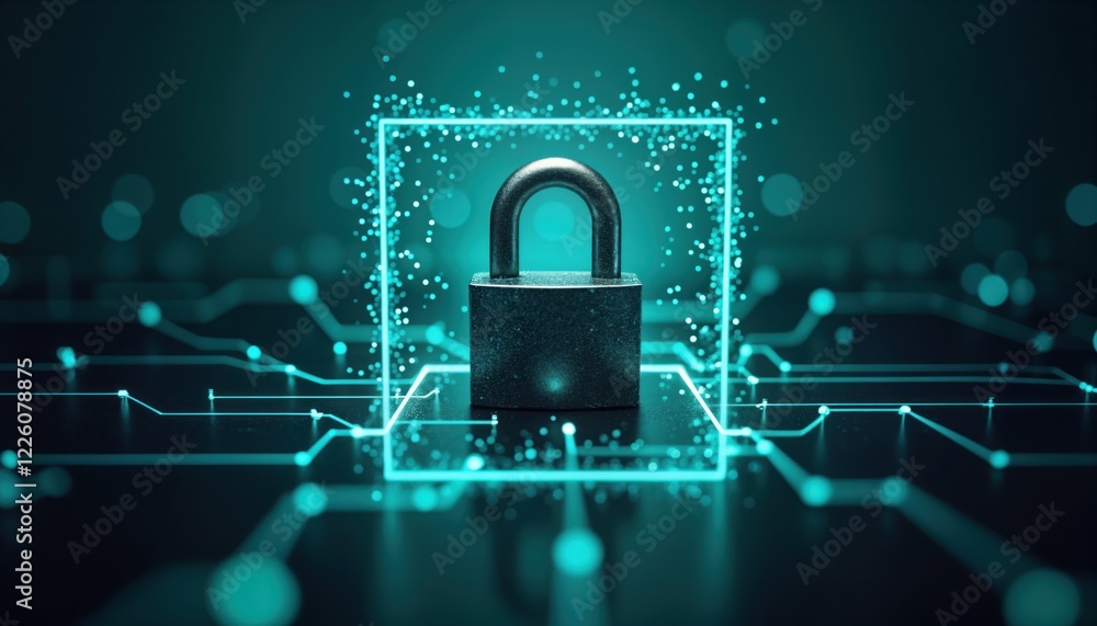 Poster futuristic illustration of cybersecurity. padlock stands on digital network. cybersecurity, data pro