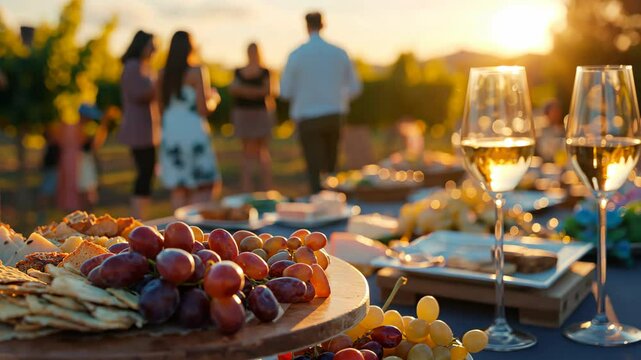 Outdoor wine tasting event at sunset with guests and catering. Social gathering and celebration concept. Warm atmosphere for invitation design.