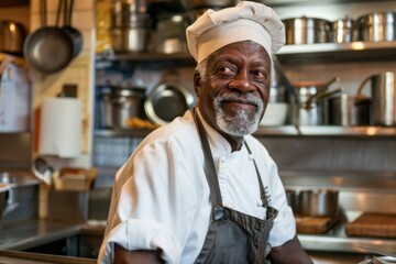 Fototapeta premium Portrait of a senior male African American chef in kitchen
