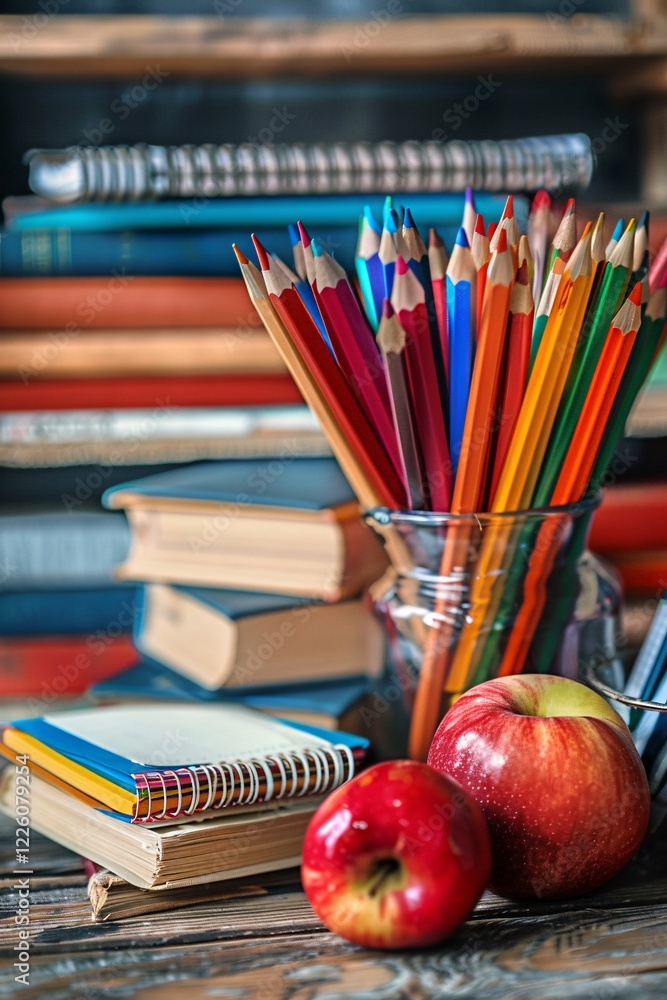 Poster back-to-school atmosphere: a wooden table adorned with a stack of books, a notebook, colored pencils