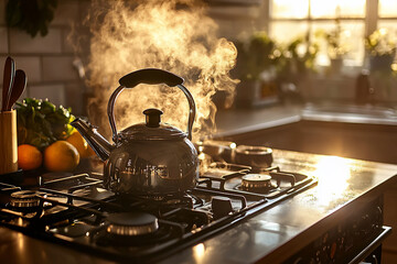 A steaming kettle on a gas stove in a sunlit kitchen, surrounded by fresh fruits and herbs