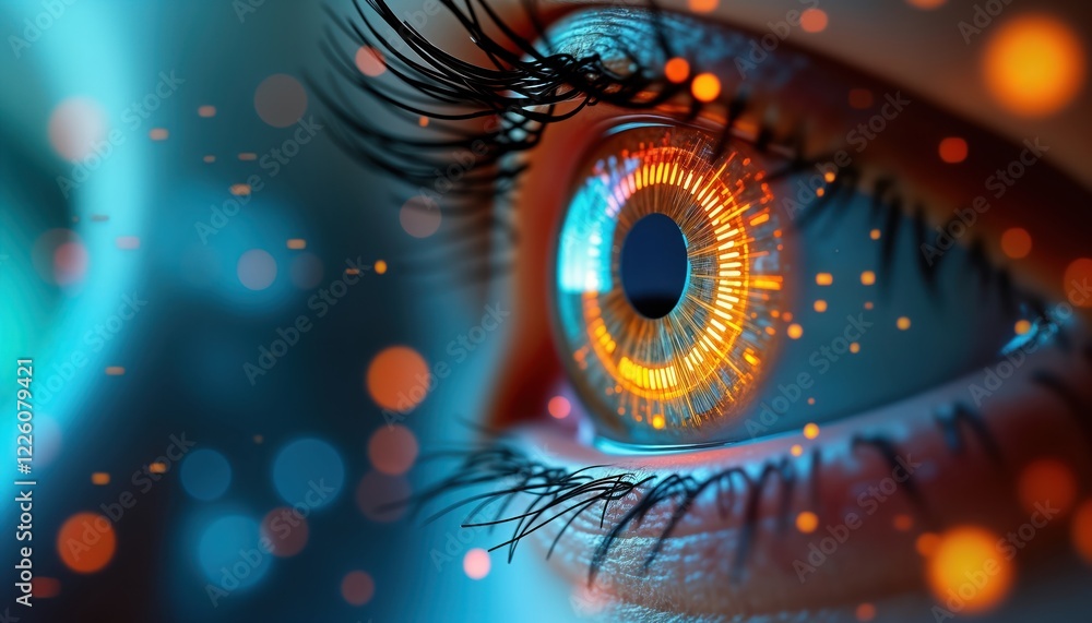 Aufkleber Close-up futuristic human eye with glowing orange digital patterns. Advanced eye scanning tech suggests biometric security system. Innovation in identification, authentication visible. Cybernetic