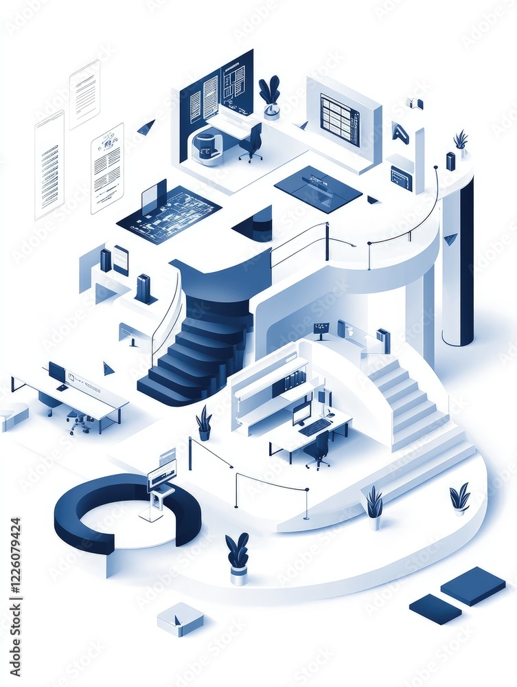 Poster modern office space isometric design: innovative workspace architecture visualization.