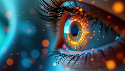 Close-up futuristic human eye with glowing orange digital patterns. Advanced eye scanning tech suggests biometric security system. Innovation in identification, authentication visible. Cybernetic