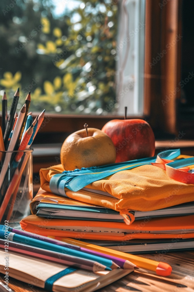 Aufkleber stack of notebooks and stationery with ripe apples, suggesting a studious atmosphere for the academi