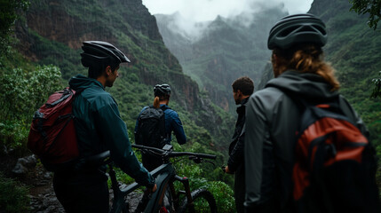 Naklejka premium Friends with Mountain Bikes in La Gomera Rainforest