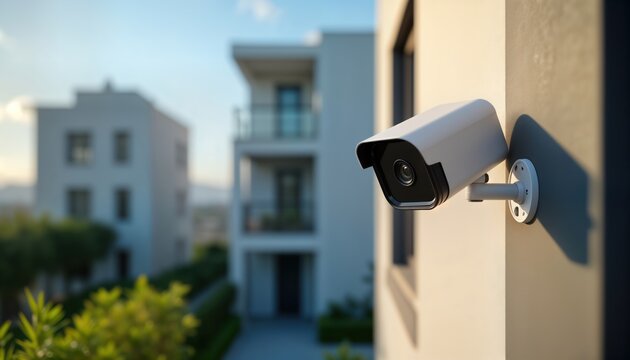 Modern smart home security camera mounted on side wall of building. Clear sky provides excellent view. Advanced tech ensures safety, protection. Installation adds touch of security. Outdoor camera