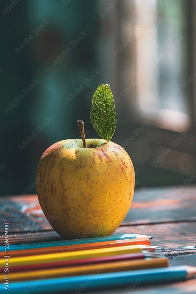 Poster yellow apple with a leaf rests on a desk surrounded by colored pencils against a blurred backdrop