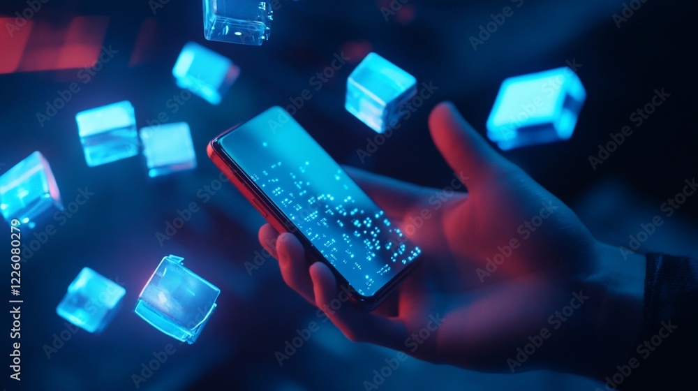 Poster a hand holding a phone with abstract floating cubes in a futuristic digital environment