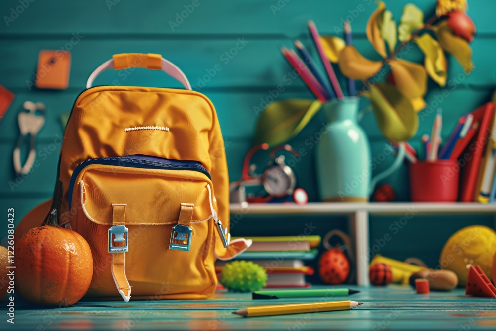 Aufkleber back to school theme with a yellow backpack on a desk and school supplies on a shelf in the backgrou