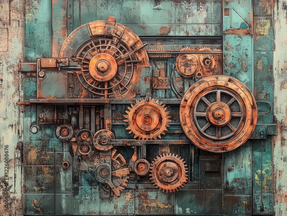 Poster a complex network of gears and cogs in a rusted vintage style, symbolizing intricate human invention