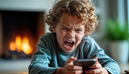 Little boy plays video game on smartphone, shows anger. Frustrated youngster reacts to difficult game level on mobile device. Focused boy gets upset by challenge on touch screen. Emotional outburst