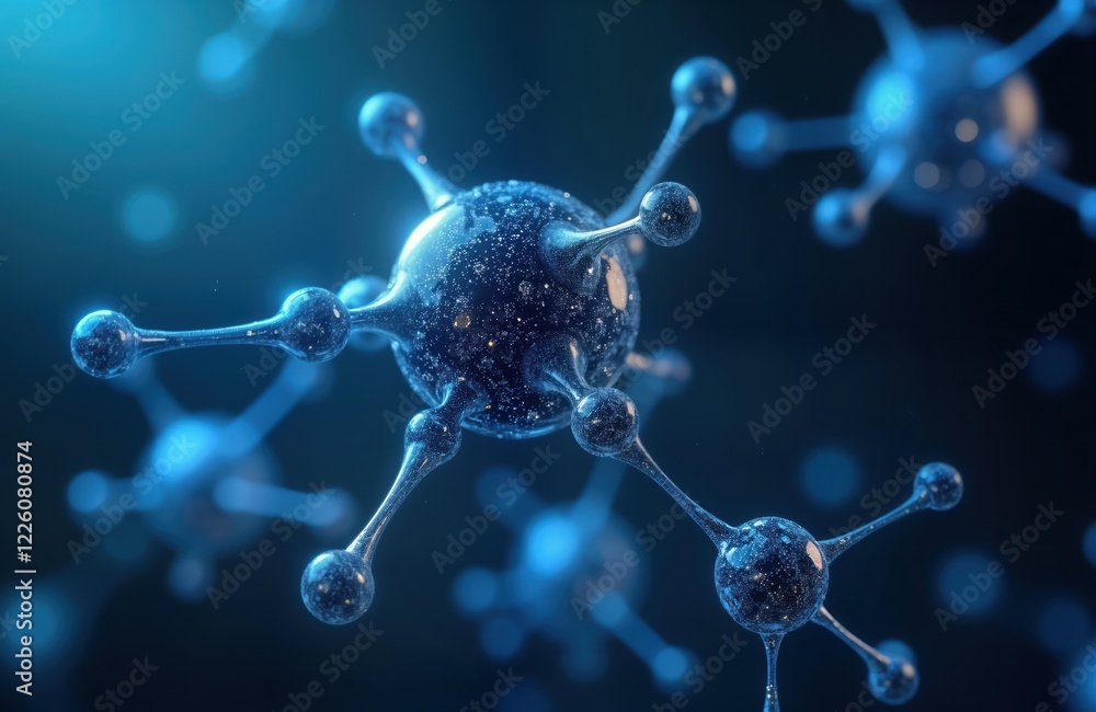 Poster Abstract futuristic dark blue molecules show complex network tech visualization. Geometric shapes form intricate connections. Modern tech concepts for science, innovation. Ideal for sci-fi, tech,