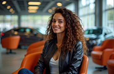 Woman sits in car service center lounge. She looks relaxed and is likely client. Cars are visible in background. Modern and comfortable lounge area. Visit for vehicle maintenance or scheduling.