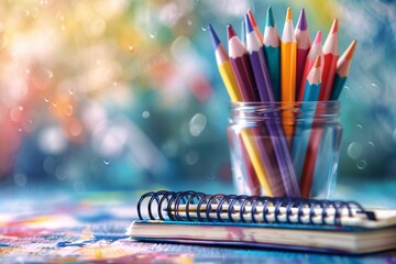Set of colored pencils in a glass jar with a sketchbook on a desk, ready for drawing and sketching
