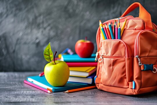 Orange backpack full of school supplies is sitting on top of a desk with apples and colored pencils