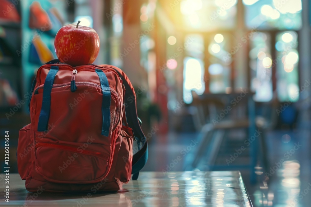 Poster symbolizing the start of a new school year, a red backpack with an apple resting on top
