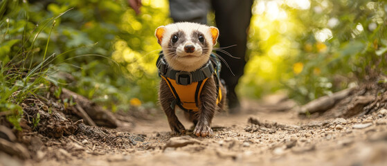 Fototapeta premium An Adventurous ferret in tiny harness walking on dirt path in nature