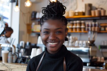 Fototapeta premium Portrait of a smiling young African American woman in a cafe