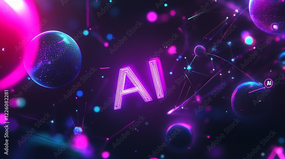 Poster futuristic ai network with glowing spheres and connection lines on dark background