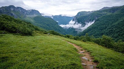 Naklejka premium Mountain Hiking Trail Scenic View Misty Valley