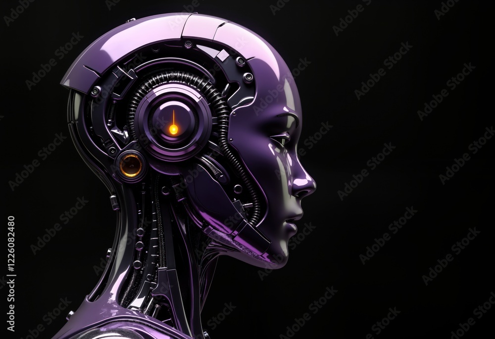 Poster metallic purple robot head profile view. shiny glossy finish. visible internal tech components. futu