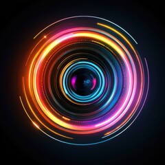 Abstract vibrant neon circles glowing in dark background.