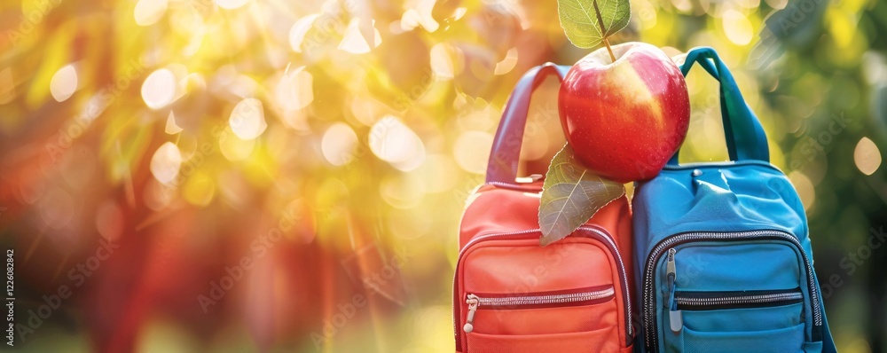 Poster two backpacks and a red apple are ready for students returning to school