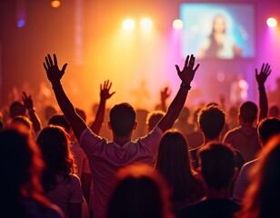 Large group people worship in church. Diverse community raise hands in praise. Spiritual gathering with joyful atmosphere. People showing devotion and unity. Religious ceremony in a hall.