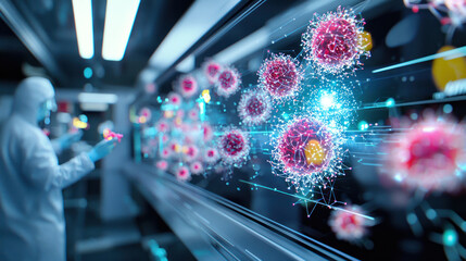 Fototapeta premium A Data visualization of complex algorithms in laboratory setting, showcasing science, technology, and digital innovation