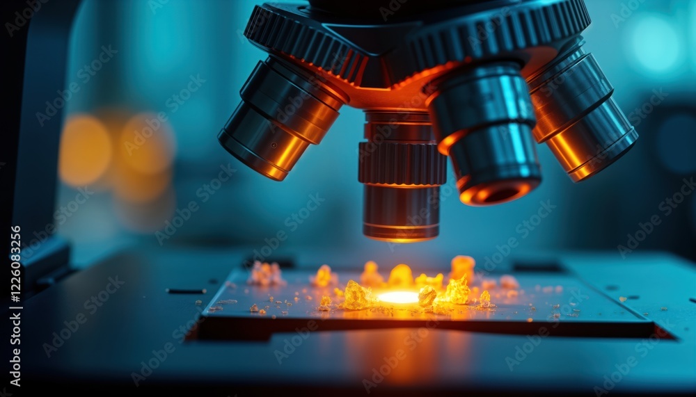 Aufkleber Close-up microscope examining sample. Bright orange light illuminates small pieces on slide. Modern tech lab equipment. Research, development in progress. Focused analysis, investigation of material.
