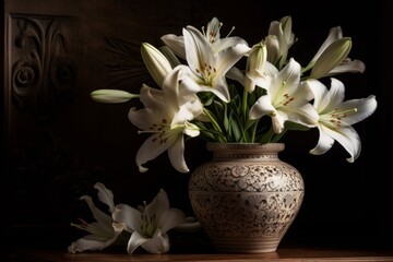 A collection of fresh white lilies artfully arranged in a decorative vase, set on a wooden surface, exuding elegance and tranquility in low light ambiance.