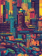 Fototapeta premium A vibrant cityscape showcasing colorful urban architecture, bustling with trains and vehicles. The intricate design reflects modern city life.