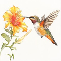 Fototapeta premium A delicate hummingbird hovers gracefully as it sips nectar from a vibrant orange flower. The intricate dance between bird and bloom is beautifully captured.