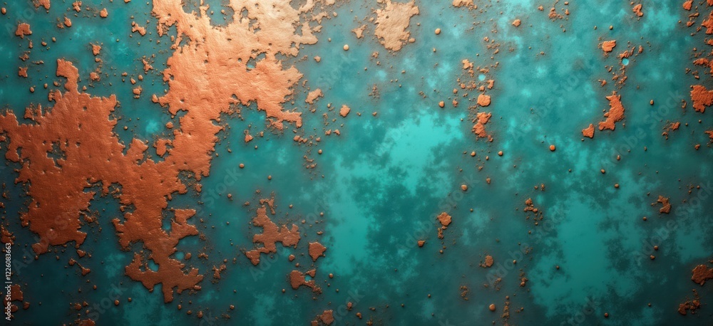 Aufkleber oxidized copper plating creates distressed texture on teal, green concrete. abstract grunge pattern.