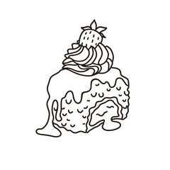 Fried ice cream topped with strawberry, whipped cream and chocolate sauce. Thin line illustration.