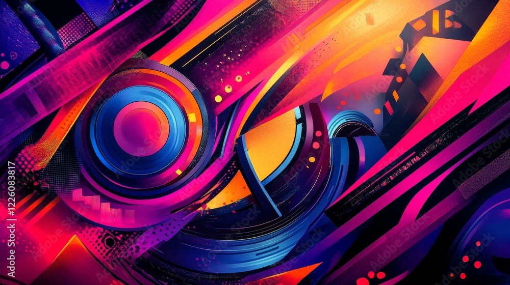 Aufkleber a bold and vivid abstraction featuring geometric shapes and neon colors arranged in dynamic patterns